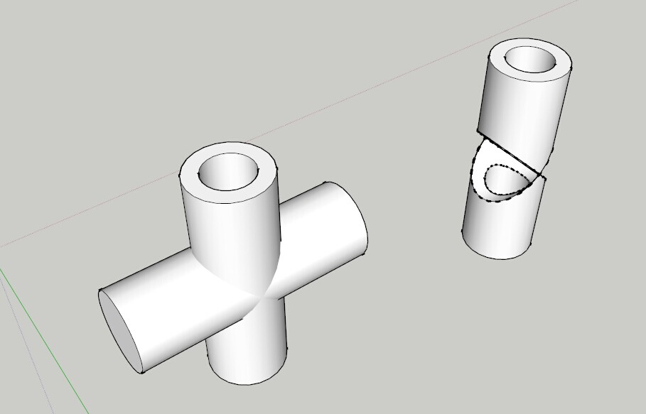 sketchup中怎么把相交的圆柱体中间去掉