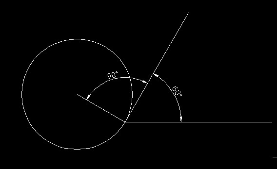 cad中如何过一个圆的切点做一个60度角的斜线