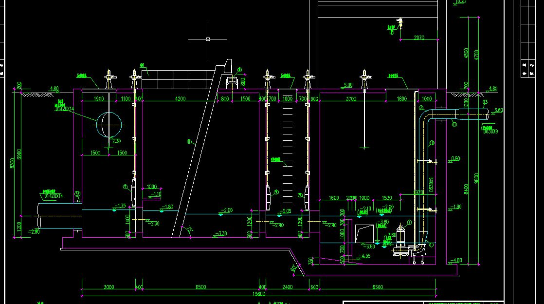 求污水厂提升泵房cad平剖面图4台潜污泵3用1备谢谢