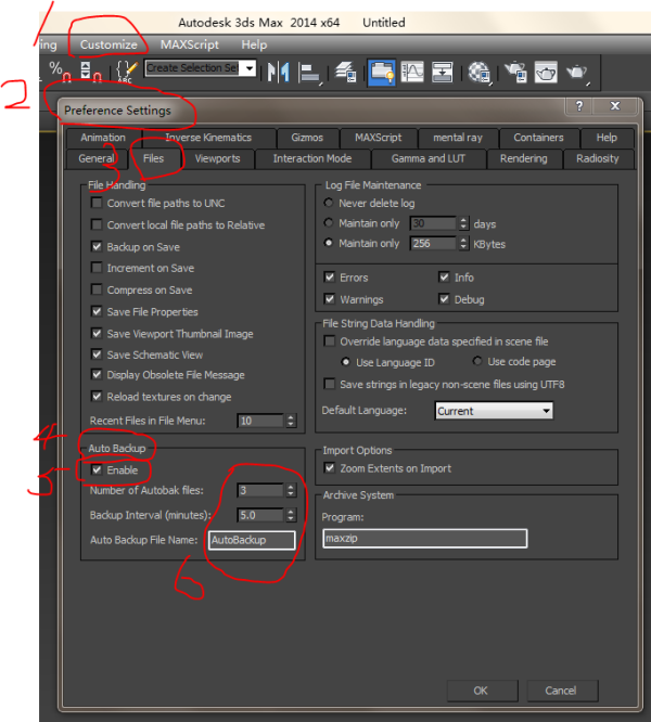 3dmax2014英文版自动保存怎么设置?