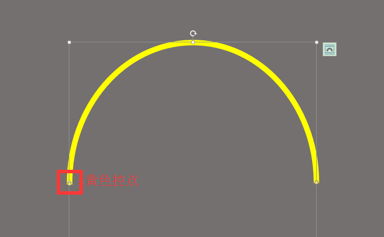 3,点击圆弧上面的黄色控点,向左拖动,拖动到与右边的控点平行,一个
