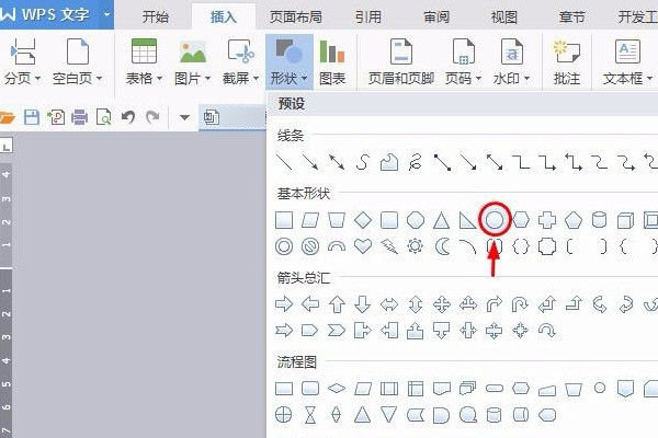 2,在菜单栏中选择"插入--形状--椭圆",按住鼠标左键和shift键拖出一个