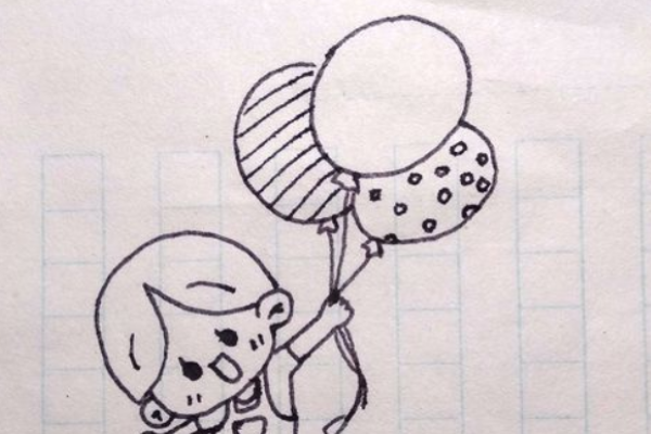 6,继续画出小女孩手里的另外两只气球,可以画一些图案,让2个气球都不