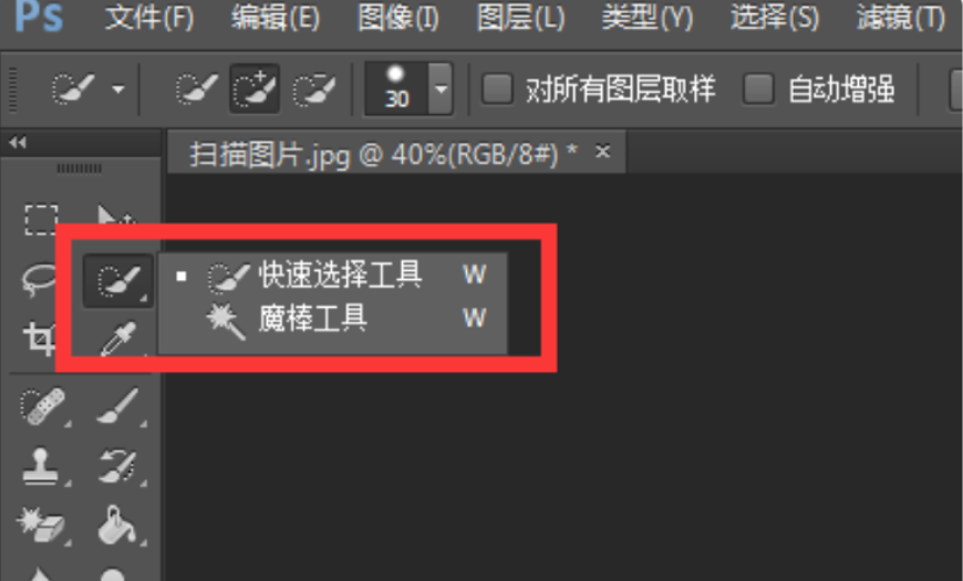 3,点击photoshop cc左侧工具栏中的"快速选择工具"或"魔棒工具.