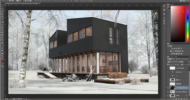 3Ds Max、VRay渲染和Photoshop制作雪后林中小屋创作解析