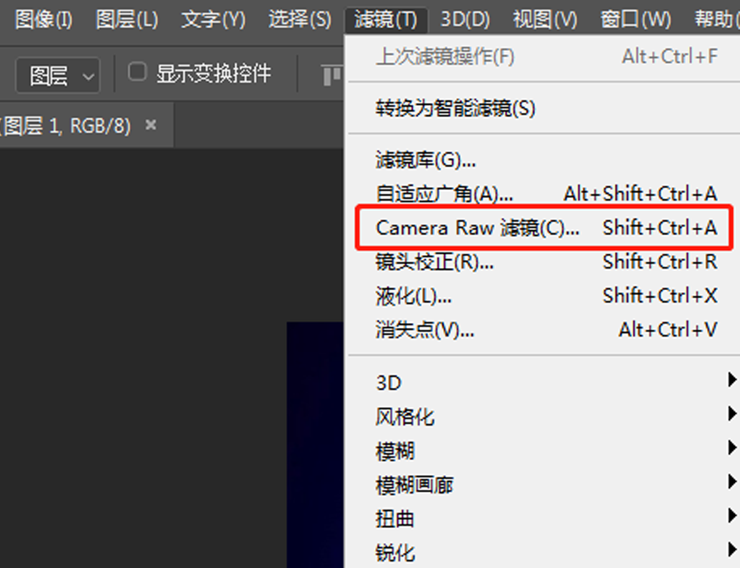 在Photoshop里处理照片时怎么将cameraraw打开进行调整？