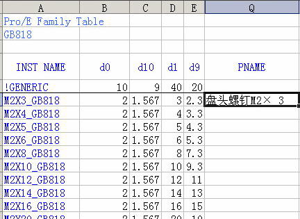 Proe族表实例尺寸