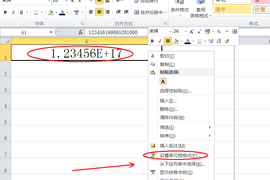 Excel里面输入身份证出现4.32425e+17，如何显示全部？