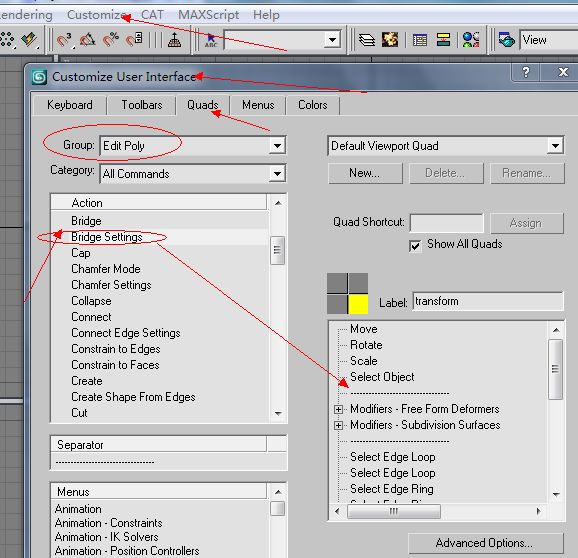 3Ds Max 编辑多边形”桥“命令怎样放到右键菜单中？