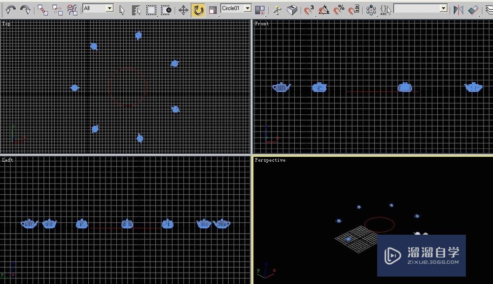 在3DMax中使用旋转阵列让茶壶围绕圆形平均分布