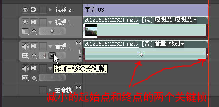 PRemiere CS4 怎样让音乐声音逐渐变小？