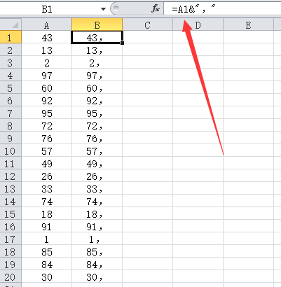 如何Excel在数字后批量加上逗号？