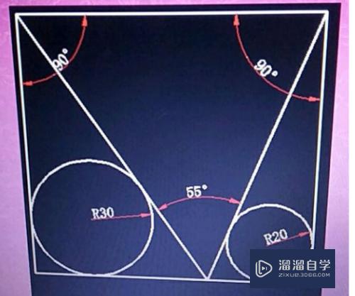 CAD中矩形内两圆切线夹角55度