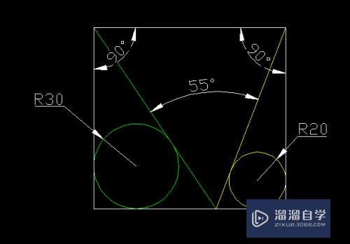 CAD如何画矩形内两圆切线夹角55度(cad怎么画矩形内切圆)