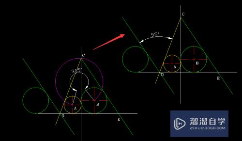 CAD中矩形内两圆切线夹角55度