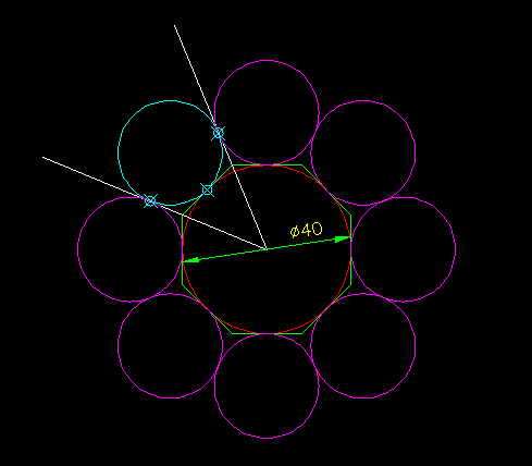 画两条,(相邻的),用相切相切相切画圆,分别切两条线和圆,在环形阵列8