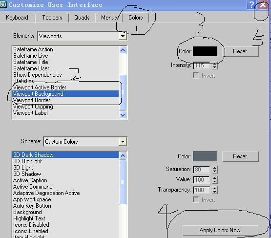 如何將3dmax9英文版的操作界面背景顏色調成黑色?